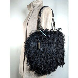Aqua Madonna Black Mongolian Lamb Fur Purse Handbag Shoulder Bag Purse NWT